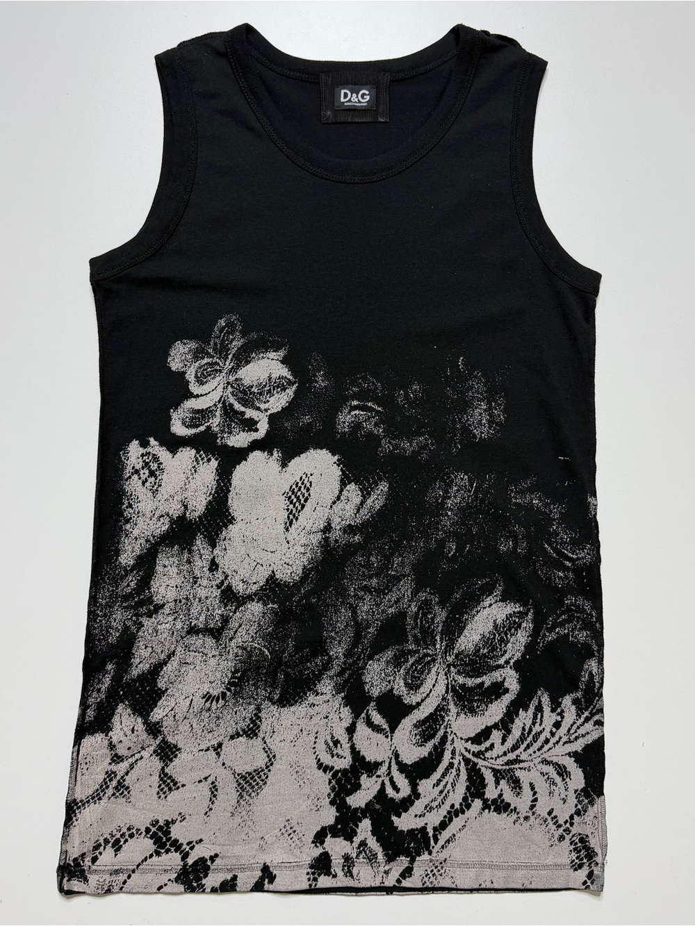 Dolce & Gabbana Floral Graphic Tank Top Womens Small Black Cream Y2K